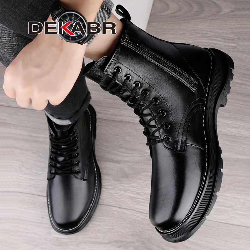 DEKABR Winter Warm Men Boots Genuine Leather Fur Plus Men Snow Boots Waterproof Handmade Working Ankle Boots High Top Men Shoes