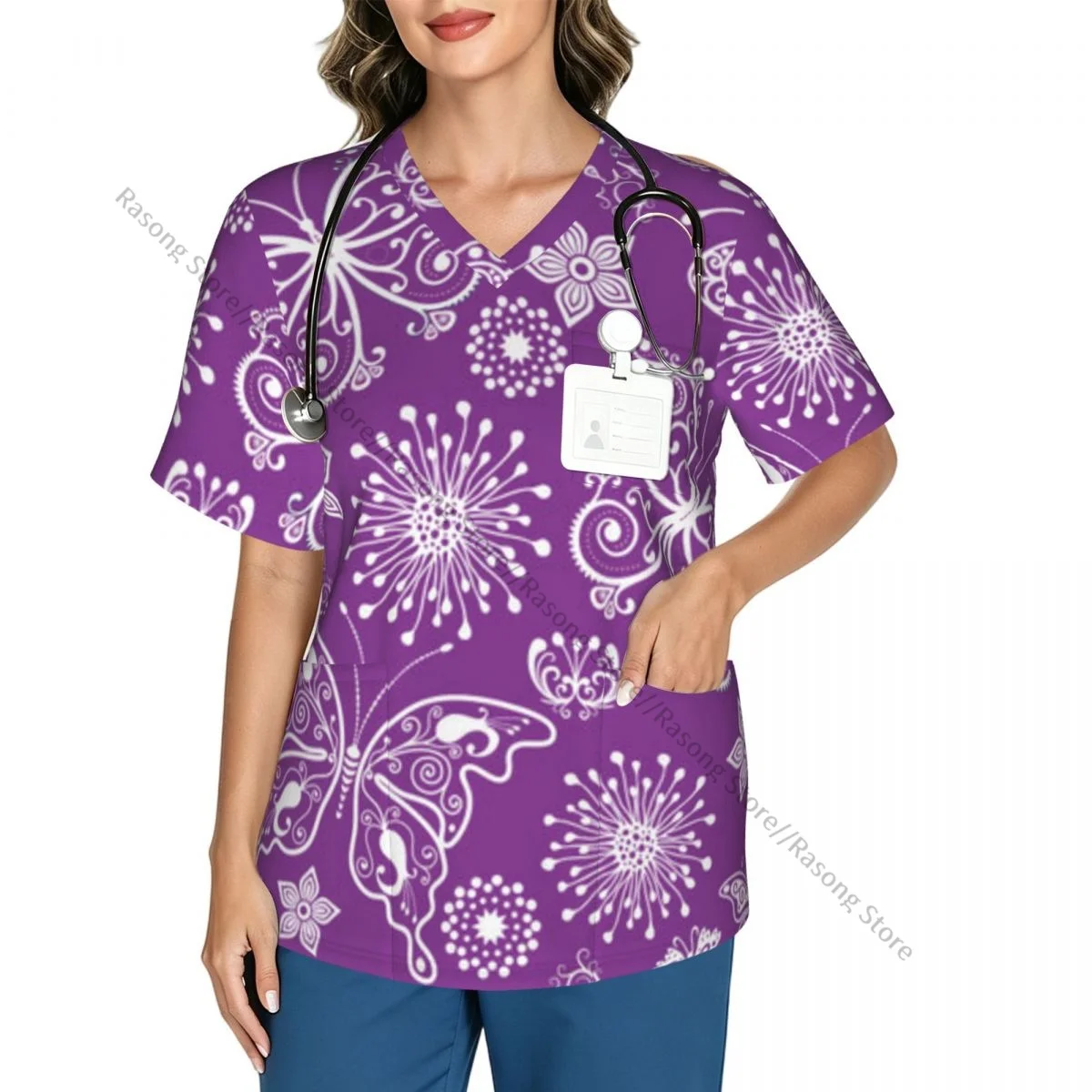 Women Scrub Top Butterflies Flowers On Lilac Background Short Sleeve Nurse Hospital Uniforms Female Working Clothes with Pocket