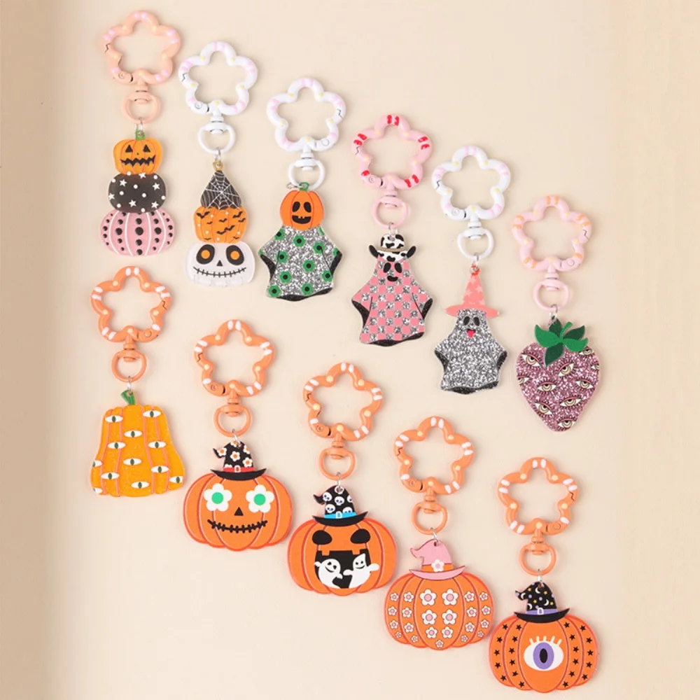 Halloween Pumpkin Acrylic Keychain Glitter Witch Hat Ghost Pendant Cute Flower Key Ring Spooky Bag Charm Car Purse Holiday Gift