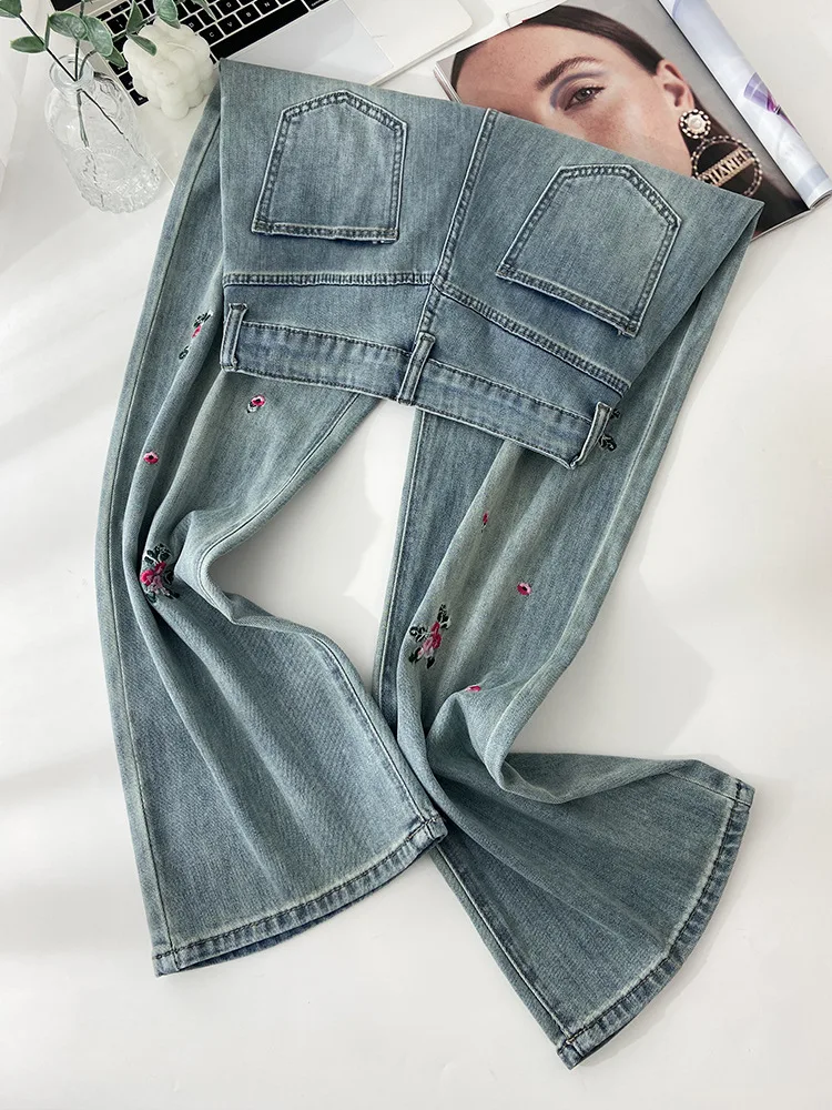 Embroidered national style jeans female spring year small fresh high waist narrow version straight leg wide leg pants