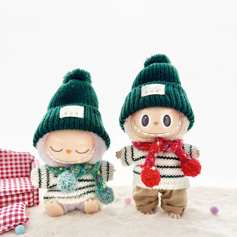 15cm/17cm Labubu I II Dolls Clothes Cute Knitted Green Bunny Hat Set Korea Kpop Exo Accessories Clothing Plush Doll'S Clothes