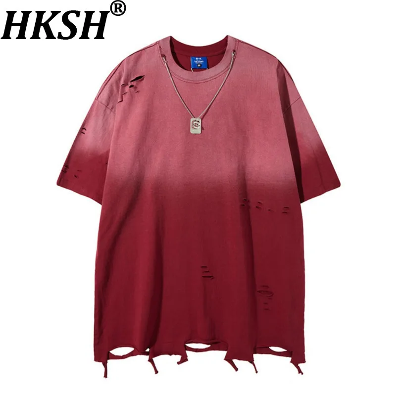 

HKSH Новая летняя мужская футболка с коротким рукавом в американском стиле, с градиентным эффектом тай-дай, хлопковая, с дырками, свободного кроя, в стиле High Street, ретро, шикарный топ, HK19889