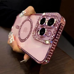 Magnetic Diamond Case For IPhone 15 14 13 12 11 Pro Max Plus Rhinestone Jewelled Transparent Cover With Protection Lens Film