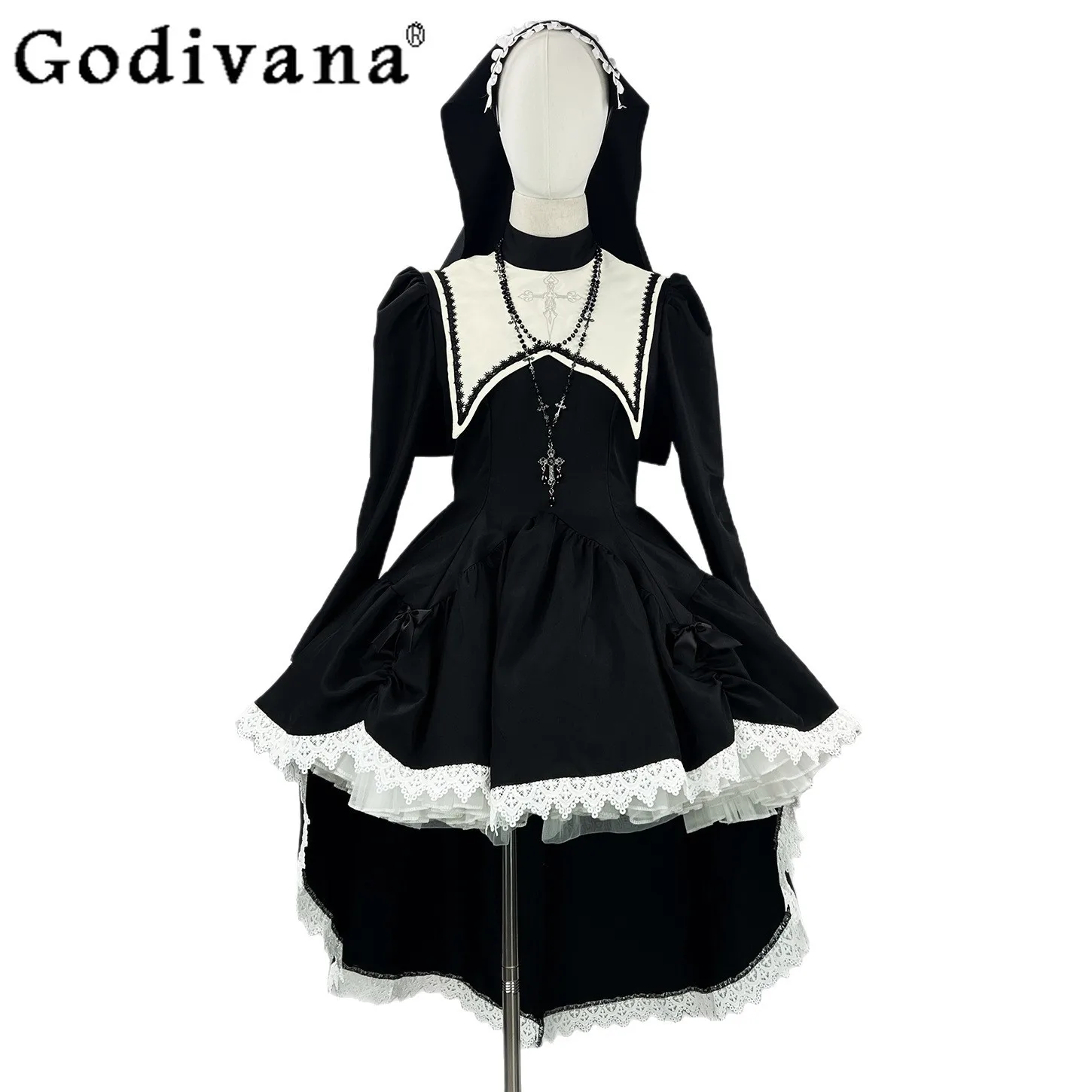 

Japanese Original Lolita Design Gothic Dark Style Dress Sweet Cool Girl Embroidered Cross Halloween Nun Costume