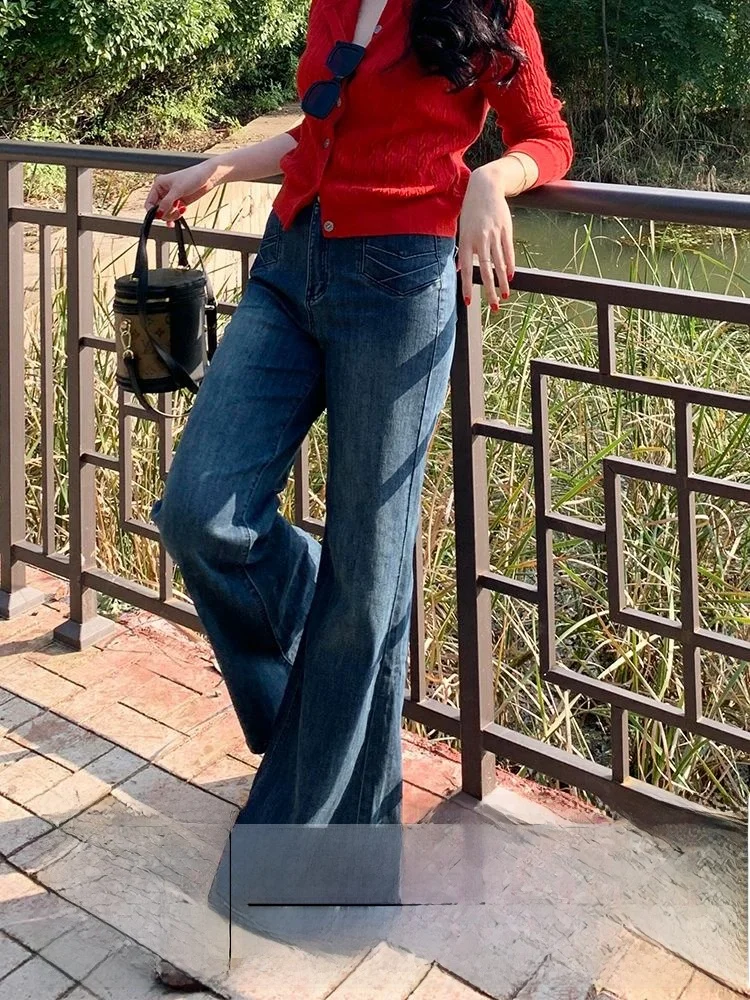 

Ретро джинсы-клеш с эффектом потертости для женщин, широкие брюки с высокой талией в американском стиле, повседневная одежда