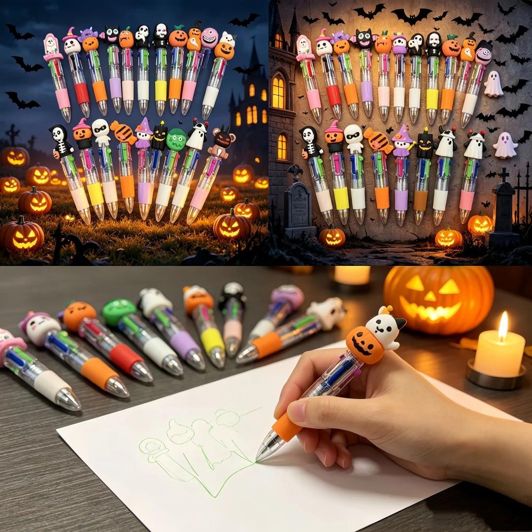 Cartoon Mini Halloween Four-Color Ballpoint Pens Set - 6/12/24/36 Count Silicone Multi-Purpose Student Account Pens