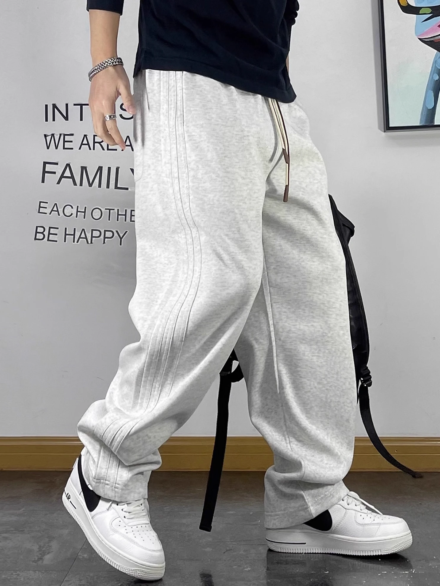 

Loose Straight Leg Fitn Sports Sweatpants for Men Casual Spring Autumn High Waist Cotton Polyester Trousers with Patchwork