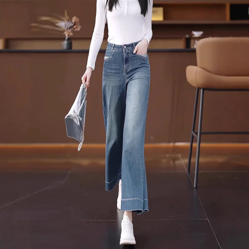 Jean droit ample pour femmes, pantalon d'automne taille haute amincissant à jambes larges, pantalon court drapé élégant et polyvalent