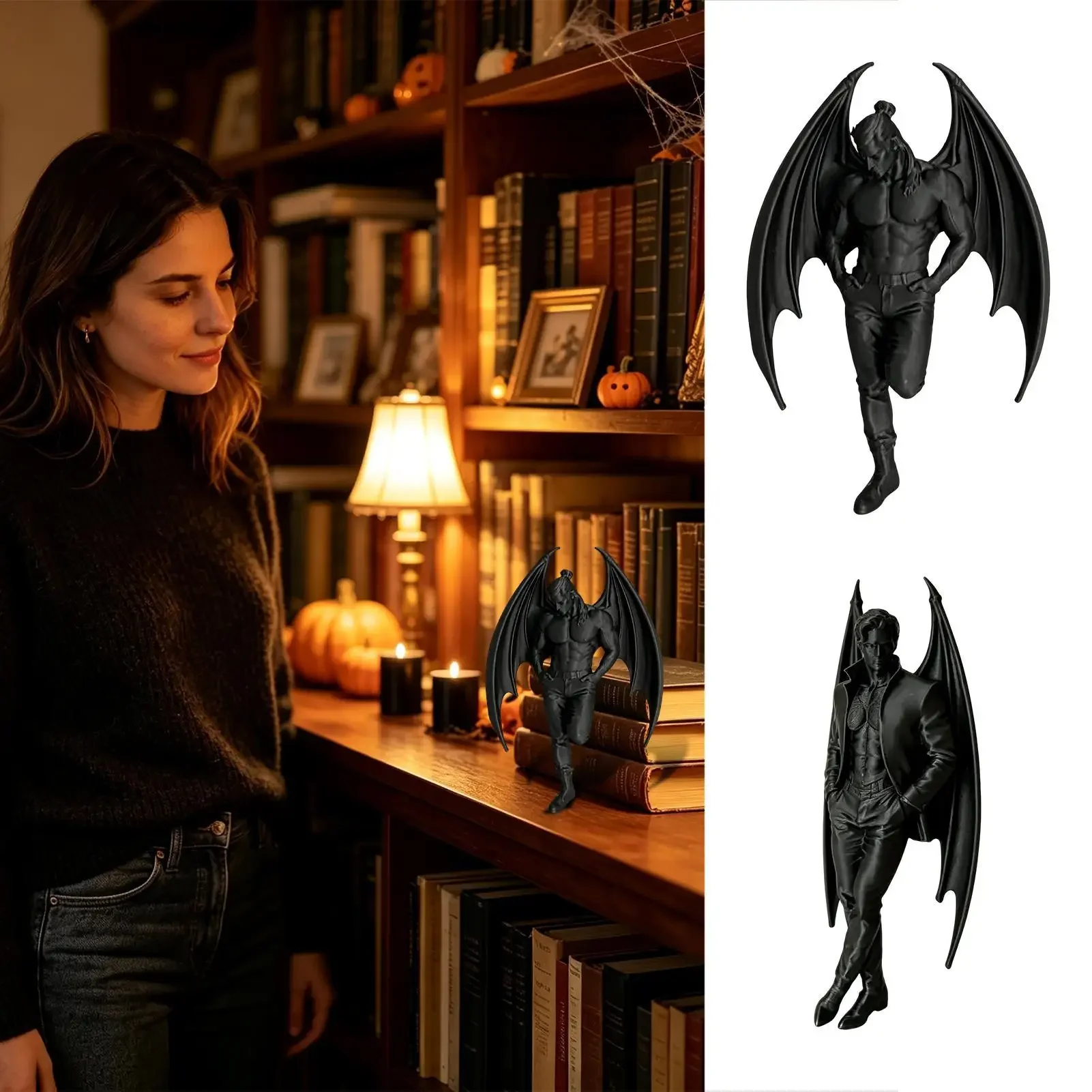 3D Printed Figurine Display Bookshelf Decor Aesthetic Bookshelf Decor Gothic Bat Boy Design For Bedroom Halloween Home Office