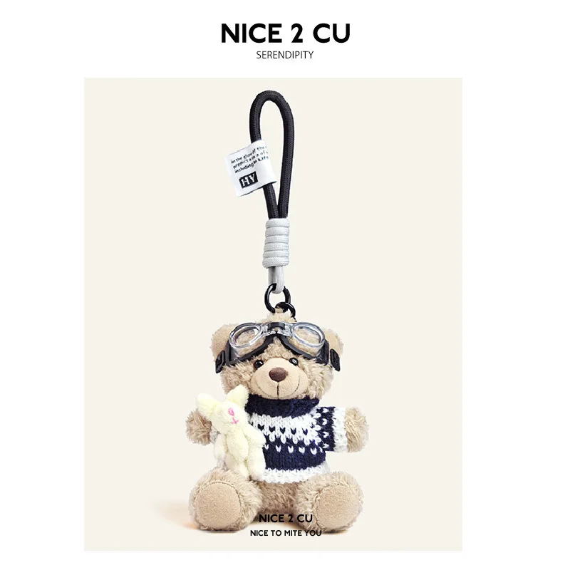 Cartoon Goggle Brown Bear Ladies Bag Pendant Plush Doll Keychain Black Green Spliced Sweater Bear Hug White Rabbit Keyring Gift