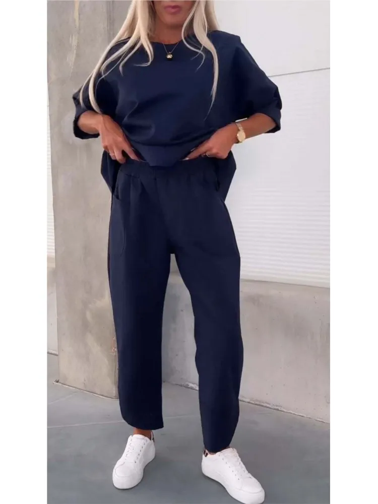 Autumn Casual Round Neck Pocket Tracksuit Retro Solid Women Top And Pants Sets 2024 Fashion Winter Long Sleeve Loose Female Set