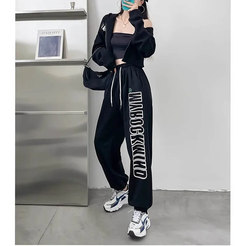 

Autumn plus-size solid color letter-bound foot sweatpants women's thin jazz Jazz street dance elastic waist casual long pants