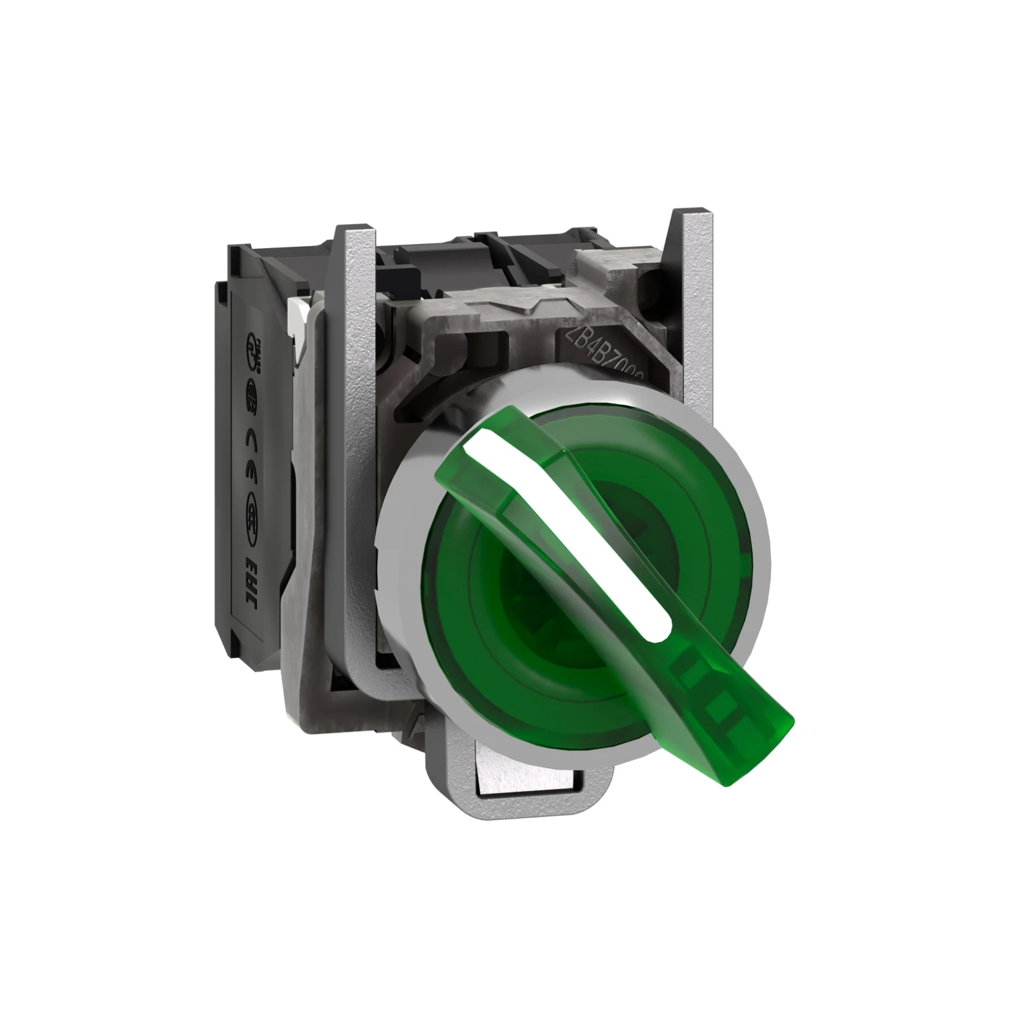 

XB4BK123G5 = ZB4BW0G35 + ZB4BK1233 Illuminated selector switch, metal, green, Ø22, 2 positions, stay put, 110...120 V AC, 1 NO