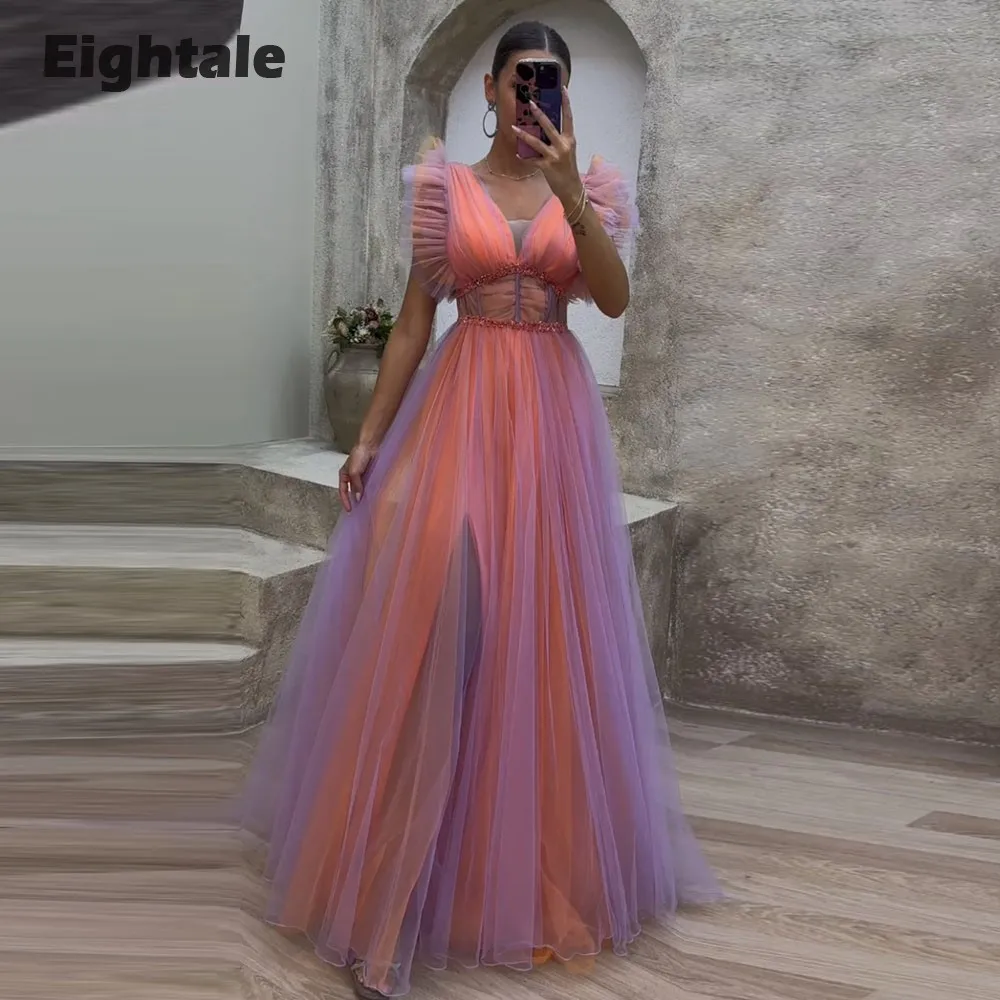 Eightale Peach Evening Dress for Wedding Party Tulle A-Line Arabic V-Neck Mixed A-Line Floor Length Formal Prom Gowns Vestido