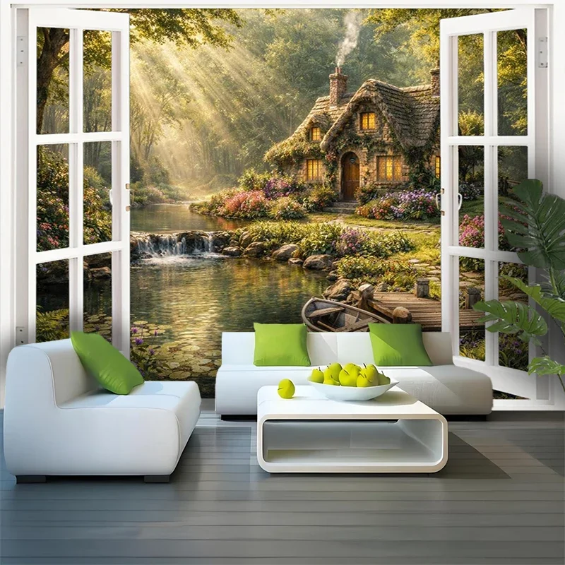 Rustic Cottage Stream View Wall Tapestry Waterproof Indoor Outdoor Home Decor Sunlight Forest Scene