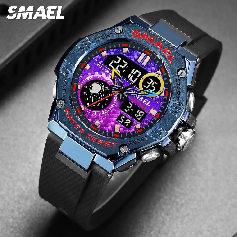 

SMAEL Blue Purple Dual Time LED Display Digital Watch Men Chronograph Electronic Analog Quartz Wristwatch with Date Week Alarm