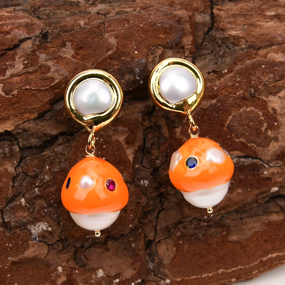 G-G Cultured White Keshi Pearl Paved Mix Color CZ zircon Orange Enamel craftsmanship Edge Stud Dangle Earrings Pearl Stud