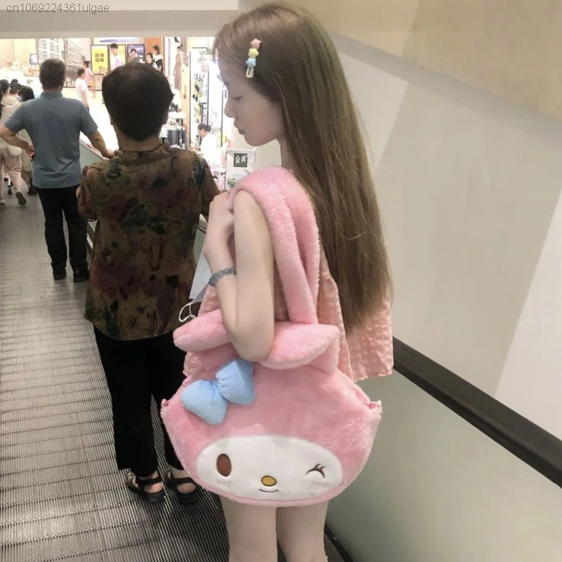 Sanrio Melody Cute Plush Bags Women Casual Tote Girls Handbag Soft Pink Shoulder Bag Y2k Cartoon Japanese Style Fashion Backpack