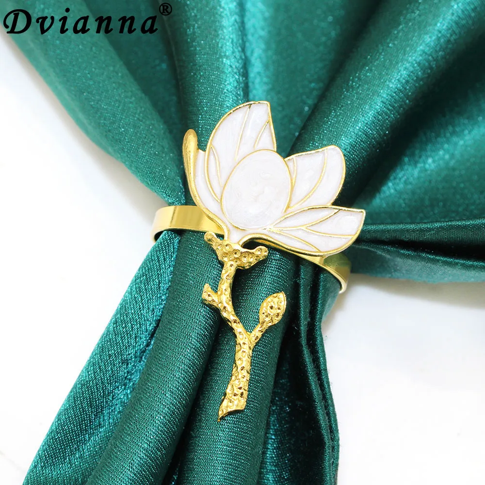 

6PCS White Magnolia Flower Napkin Rings Enamel Vintage Floral Napkin Holders for Wedding Party Christmas Dinner Table Decoration