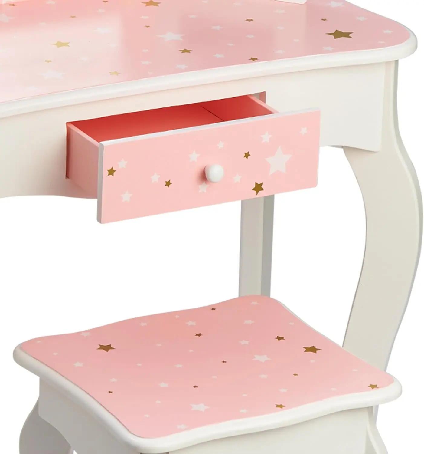 Princess Gisele Twinkle Star Print 2-Piece Kids Wooden Play Vanity Set with Vanity Table, Tri-Fold Mirror, Storage Drawer