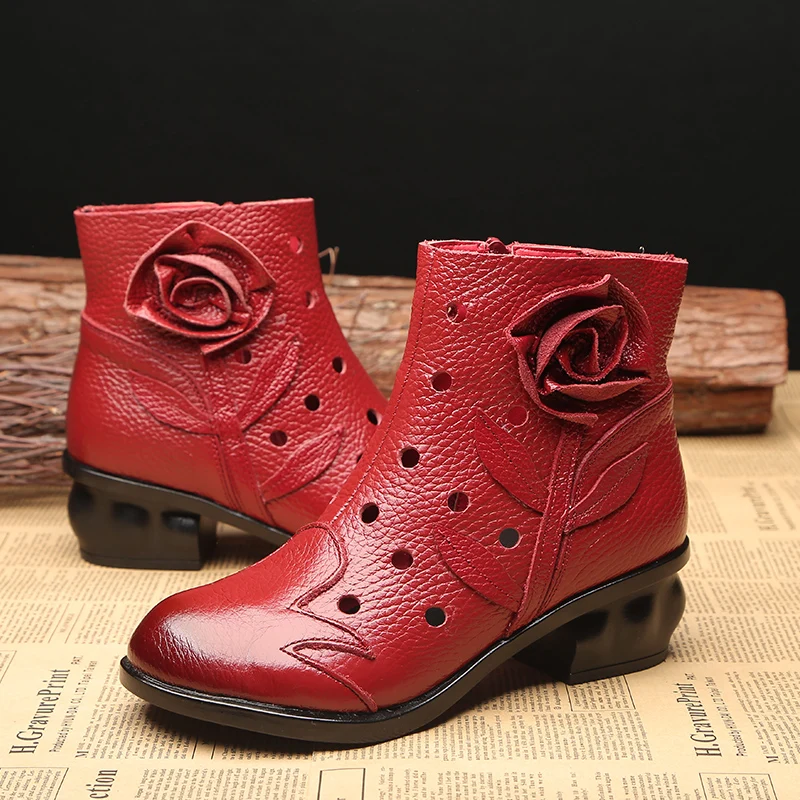 Feerldi Original Handmade Boots Women Genuine Leather Vintage Shoes Black Red Flower Rose Sneakers Ladies Mom Vintage Boots