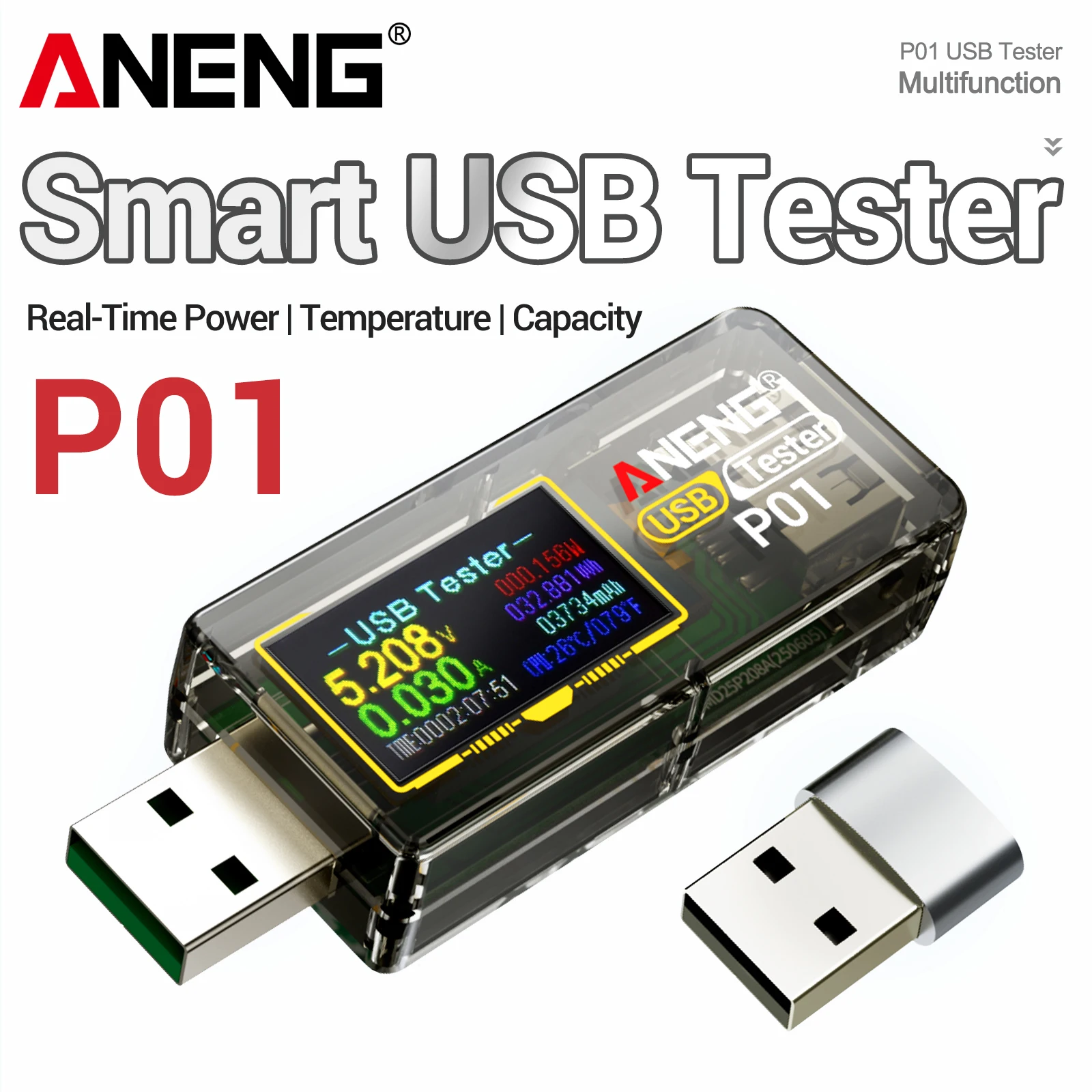 ANENG P01 Digital USB Energy Meter 4-30V Power Capacity Temperature Detector Mobile Phone Charger Power Monitoring Instrument
