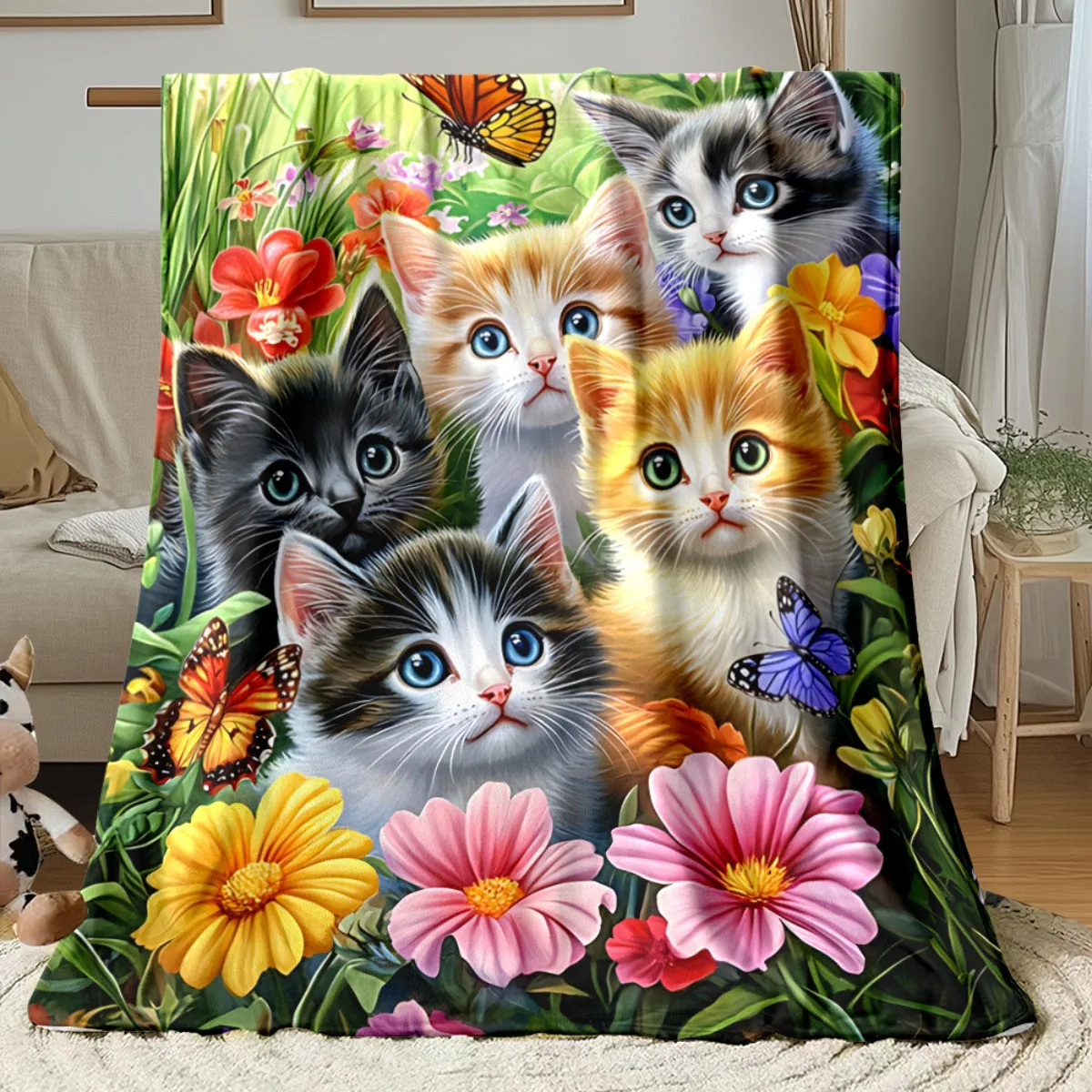 Luxury Kitten and Floral Pattern Throw Blanket Soft Fleece Cozy Decor for Nursery Kids Living Room Pet Lovers Gifts Springtime