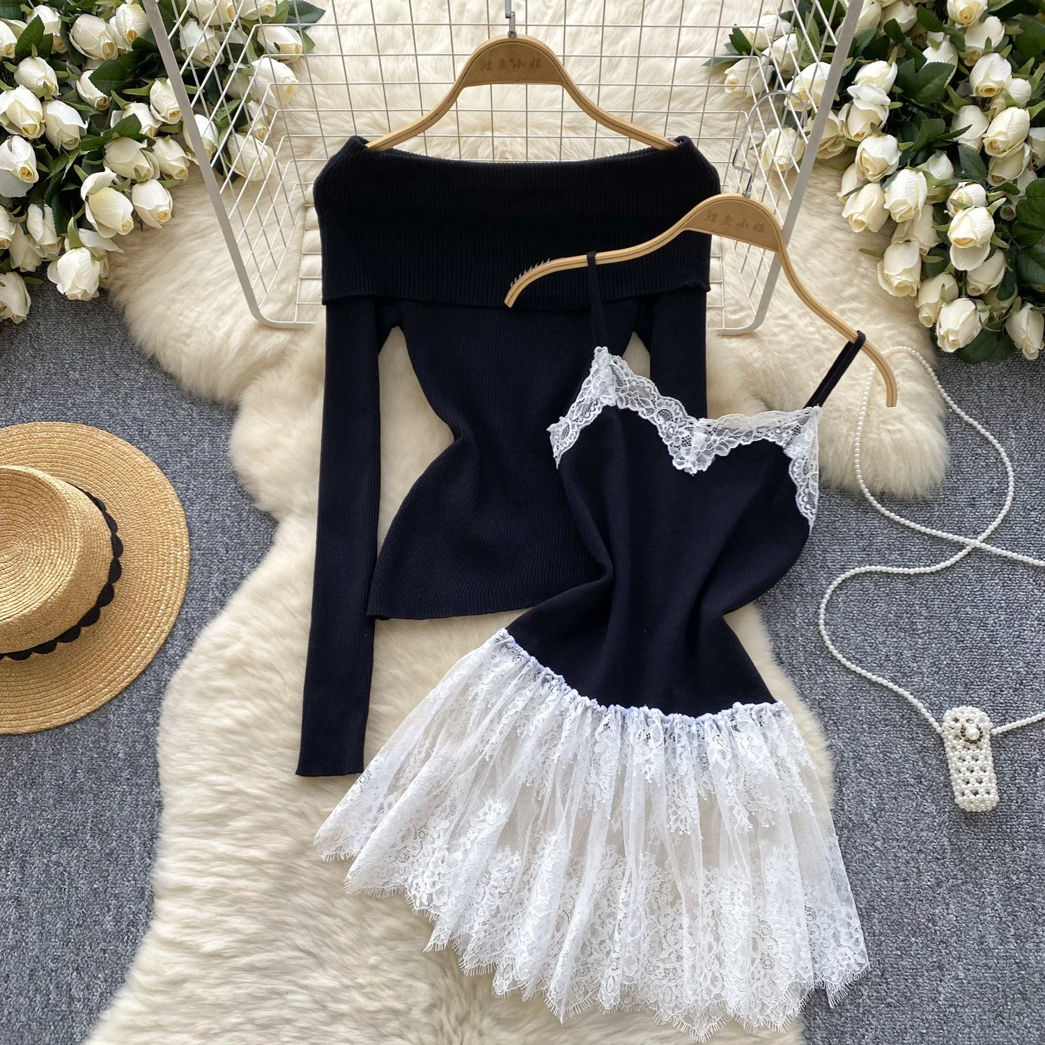 

Chic vintage Knit Spliced lace dress Elegant Fairy korean fashion autumn winter women clothing dress Two Piece Set
