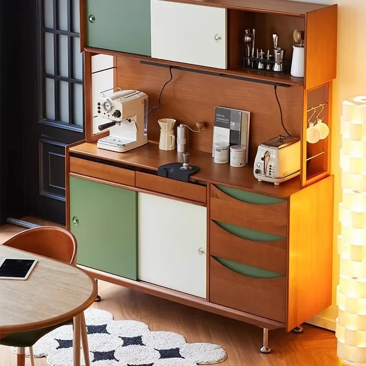Solid wood dining side cabinet, household small apartment stainless steel color matching tea living room against the wall storag