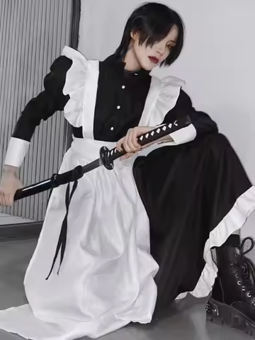 Women Maid Outfit Long Dress Apron Dress Lolita Dresses Men Clothes Unisex Cafe Costume Cosplay Anime Costumes Jujutsu Kaisen