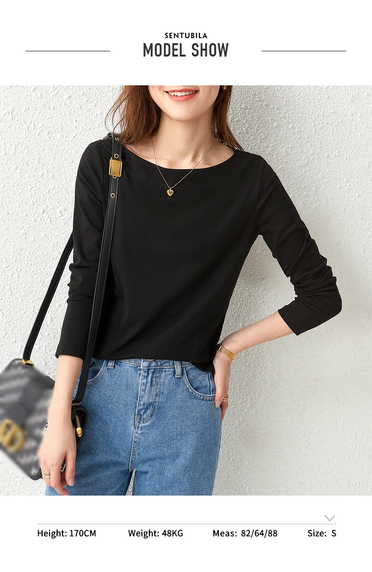 Sentubila Baumwolle Shirts 2023 Frühling Herbst Solide Bodenbildung Tops Oansatz T-shirts Streetwear Temperament Pullover 111T34249 – Detail 11