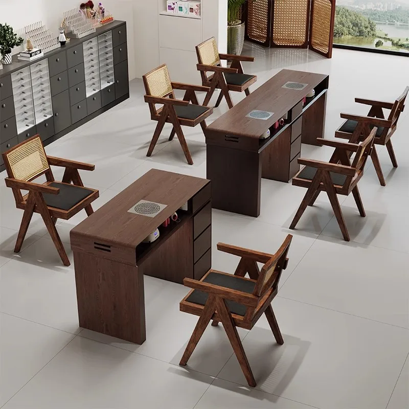 Top Selling Japanese Style Antique Solid Wood With Vacuum Cleaner, Single Or Double Person Russian Style Walnut Nail Art Table
