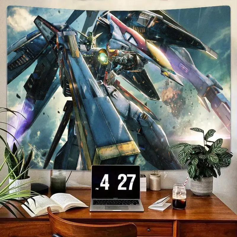 Tapiz Mech de Robot futurista, fondo dinámico de explosión, acentos metálicos, azul, negro y amarillo, arte de pared para ciencia ficción, Anime, 1 ud.