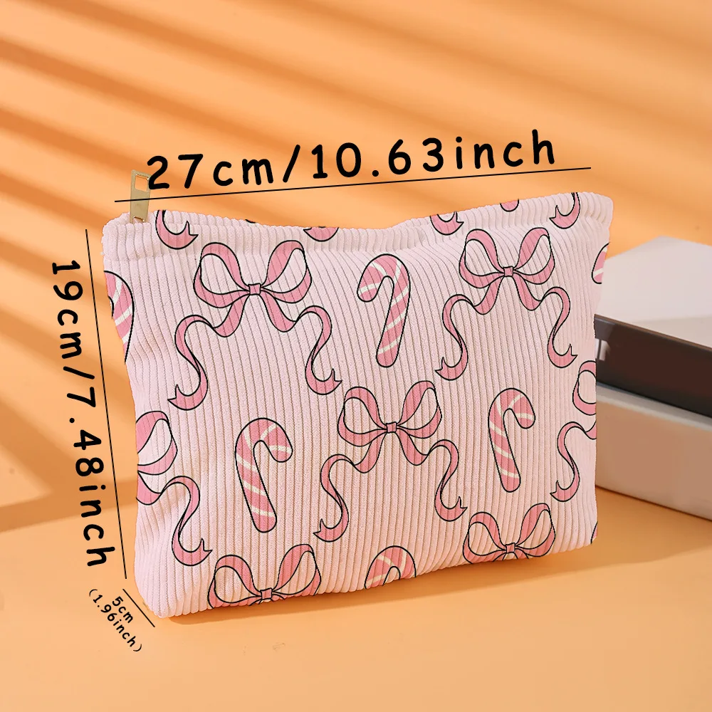 Candy Bow Ribbon Printed Polyester Soft Cosmetic Bag With Zipper, Lightweight Travel Toiletry With Lining Multi Purpose