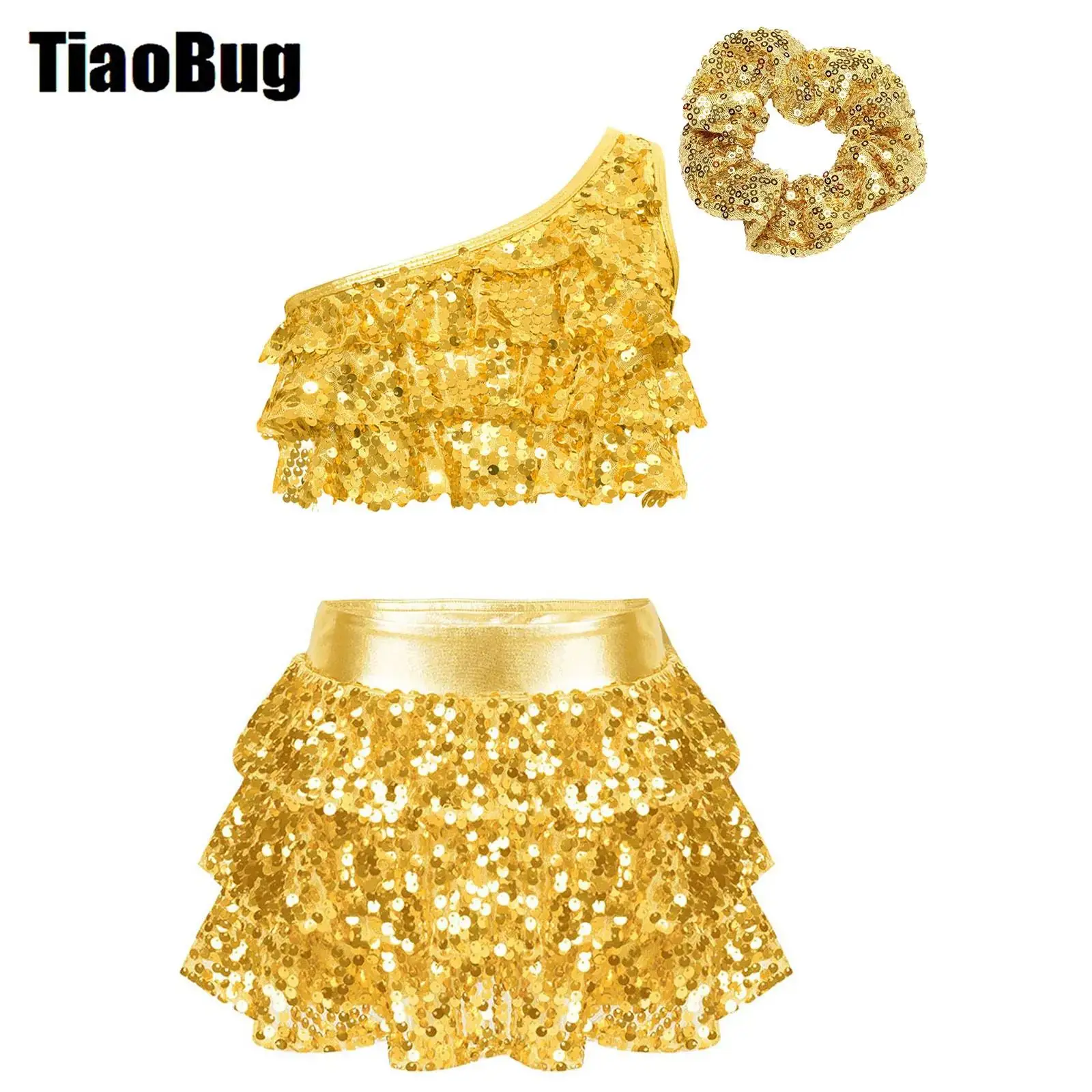 

Kids Girls Sequins Ballet Outfit One Shoulder Shiny Tiered Ruffles Crop Top Skirted Shorts Culottes Hair Tie Headwear