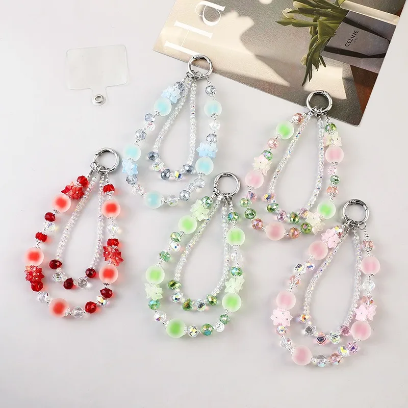 Super Fairy Pink Green Mobile Phone Lanyard Elegant Flower Crystal Beaded Wrist Bag Pendant