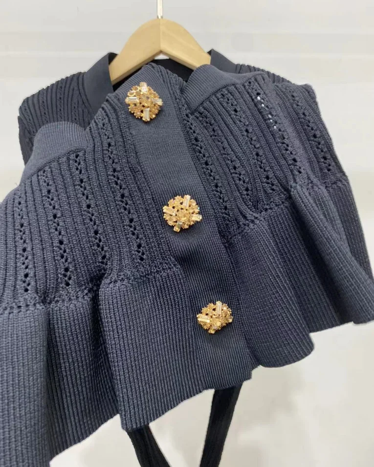 High Quality Early Autumn New Black Knitting Cardigan Women Gold Buckle Ruffles V-neck Slim Fit Sweater Tops 5240143