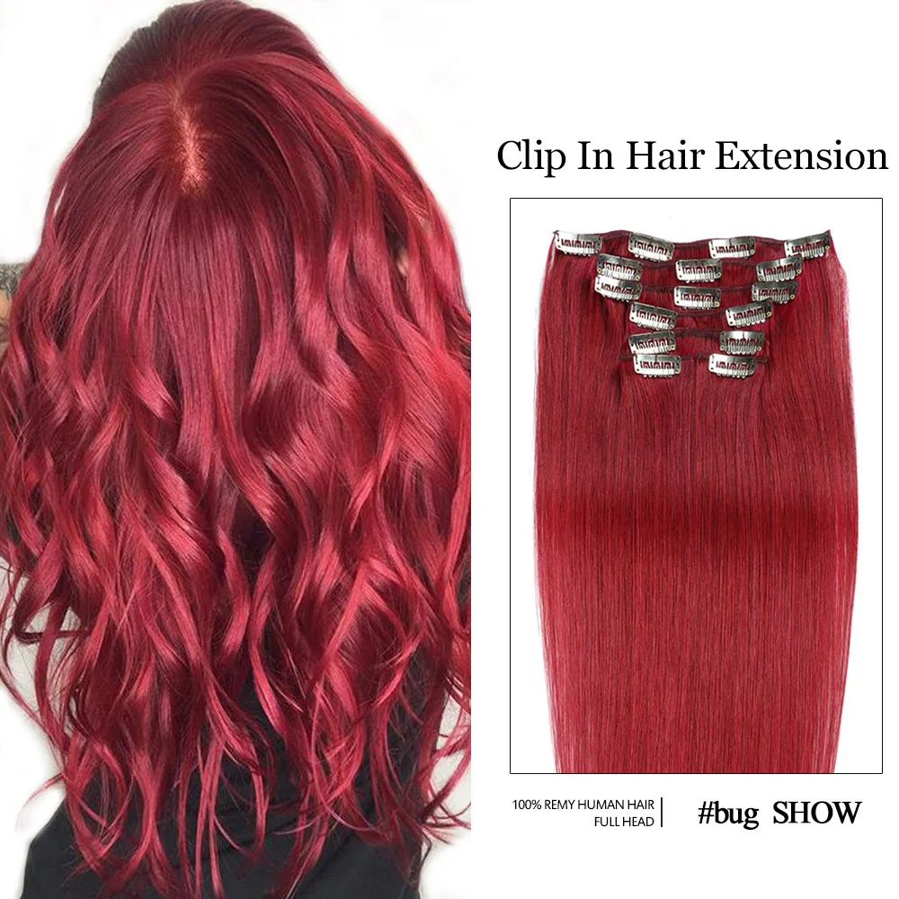 Burg Clip In Hair Extensions For White Women Double Weft Clip-On HairPiece Clip In Human Hair Extensions Red 100% Remy Hair 7Pcs