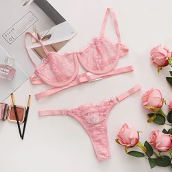 Lace Sheer Bra Cute Women's Pajama Set With Panties Embroidery Sexy Lingerie Steel Ring Push-Up Body Bras Femme Sleepwear Sets