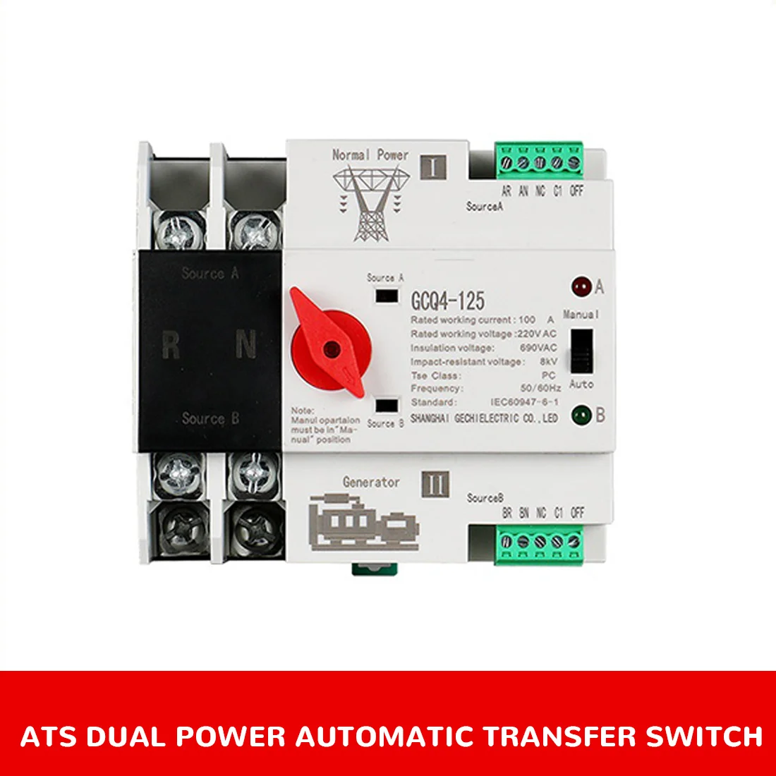 AEE3-Single Phase Din Rail ATS 220V PC Dual Power Automatic Transfer Switch 2P Household Power Transfer Switch 50/60Hz