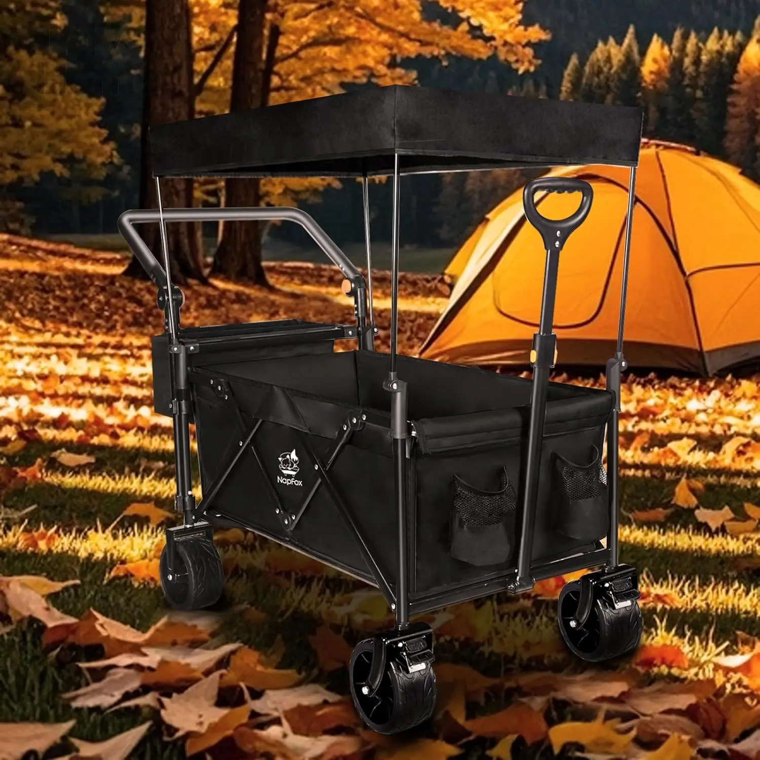 

Collapsible Wagon Heavy Duty Wagons Carts Foldable with Removable Canopy, with Wheels for All-Terrain with Brake, for Camping