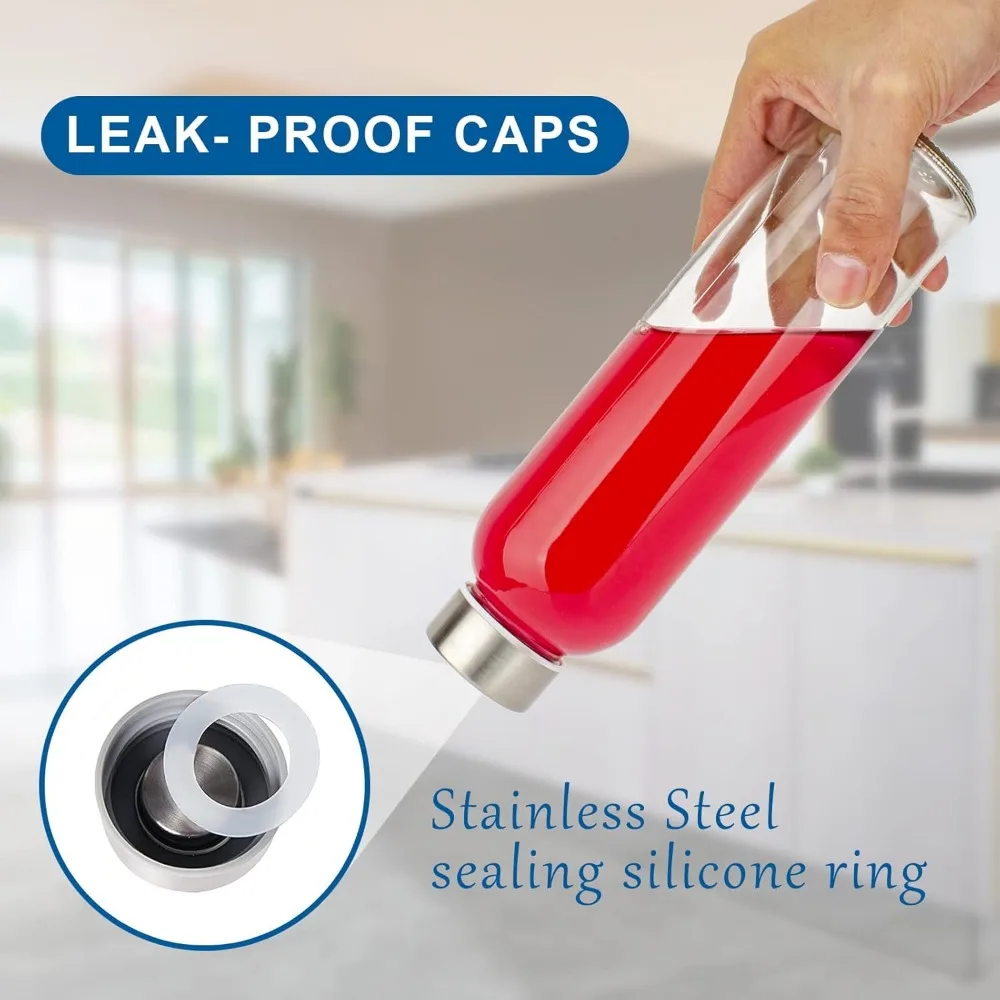 زجاجات من الزجاج الشفاف مع أغطية 18 أونصة، زجاجات مياه زجاجية قابلة لإعادة الاستخدام مع غطاء من الفولاذ المقاوم للصدأ للعصير والثلاجة، تسرب 100% #3