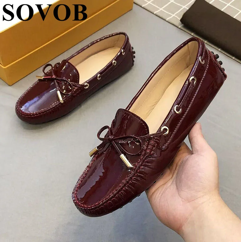 

Spring Lacquer Leather Round Toe Retro Flat Shoes Women's Shallow Mouth Bow Solid Color Lefu Shoes Casual Versatile Bean Shoes