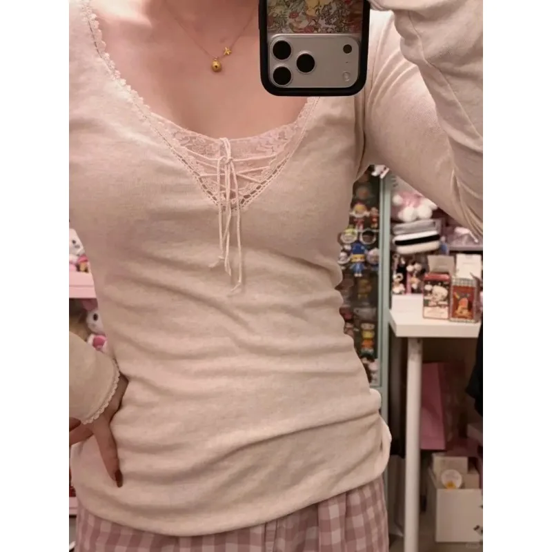 

Женская футболка с V-образным вырезом, длинными рукавами и кружевной отделкой, облегающая, повседневная