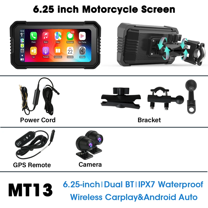 6.25 "Motorfiets GPS Navigatie DVR Carplay Scherm Dual Camera Drive Recorder IPX7 Waterdichte Moto Monitor Ondersteuning TPMS