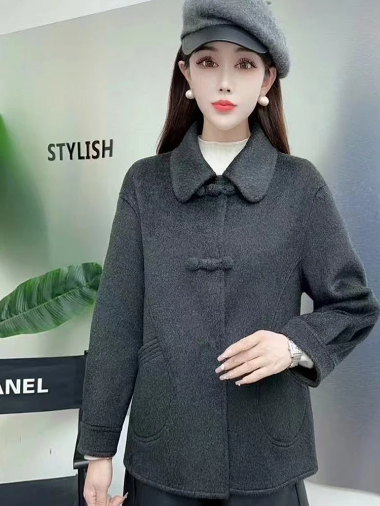 

Double-Sided Fce Woolen Coat Women's ort Sle Turn-down Collar Buttoned Chinese Sle Large Size Polyester Fiber