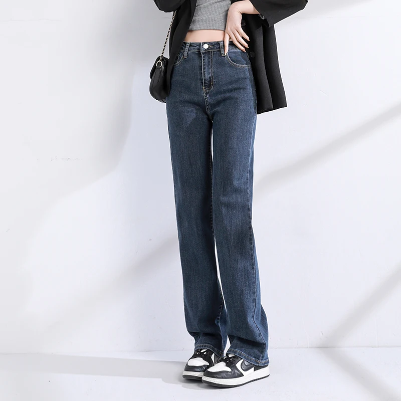 OUSSYU Jeans Women Straight Cotton High Waist Denim Pants Solid Color Black Blue Stretch Urban Fashion Vintage Baggy Trousers