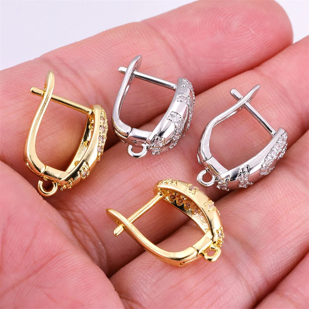 Diagonal Strip Paved Zircon Curved Huggie Earring Findings, Gold Plated Arc Ear Clasps with Loop for DIY Dangle Earrings