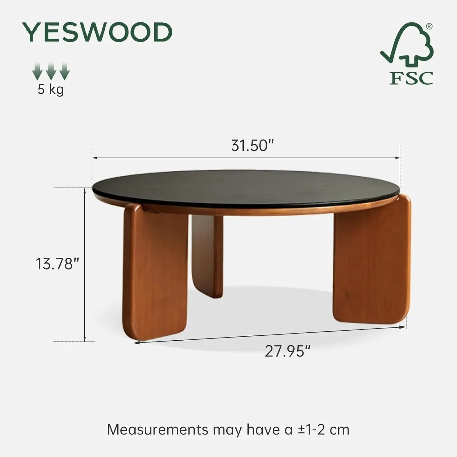 Round Coffee Table, Wood Coffee Table Side Table with Sintered Stone Top, Mid Century Morden Table,Small Coffee Table Living Roo