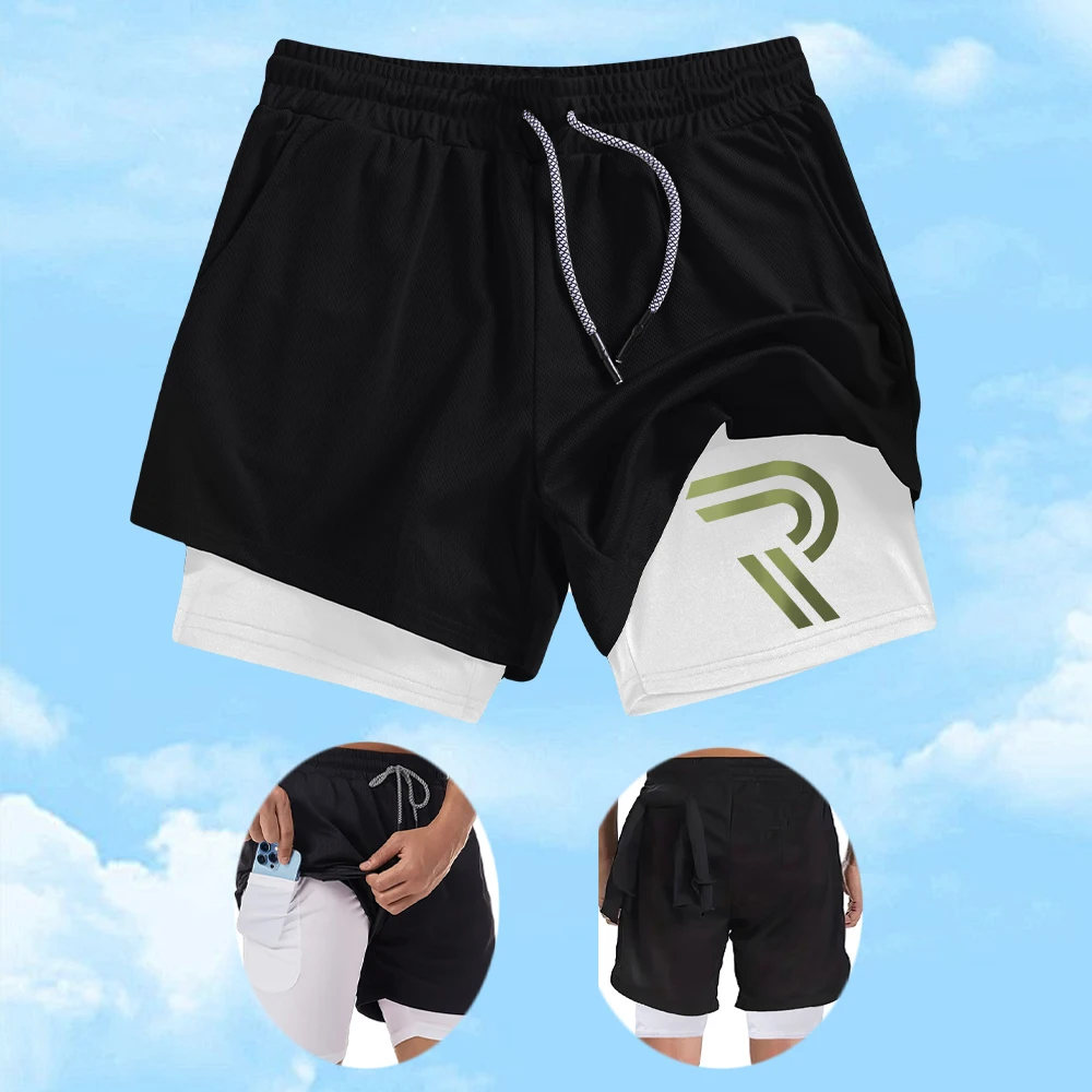 

Men's Outdoor Cycling Double Layer Quick Drying Shorts Printed Drawstring Fitness Training Sports Shorts With Phone Pocket